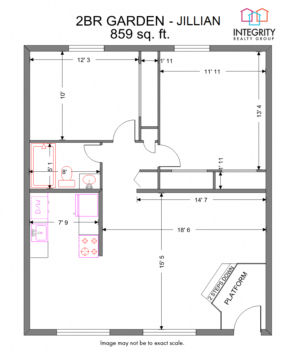 Floor plan for 2 beds, 1 bath, 859 sqft